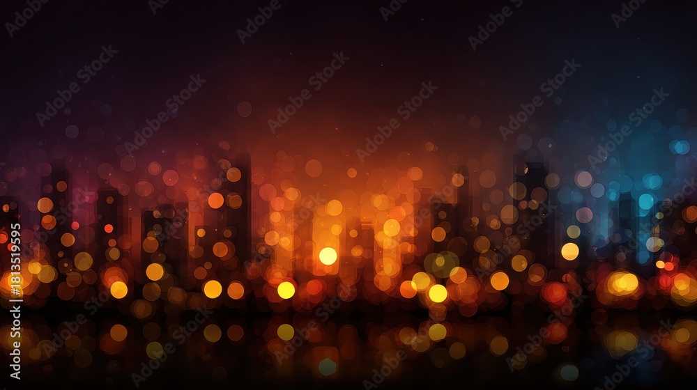 Obraz premium A vibrant urban city skyline with colorful bokeh lights at night.