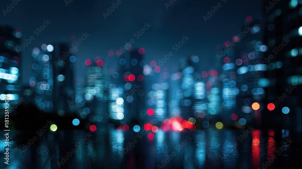 Naklejka premium A blurred cityscape at night, showcasing vibrant lights and reflections.