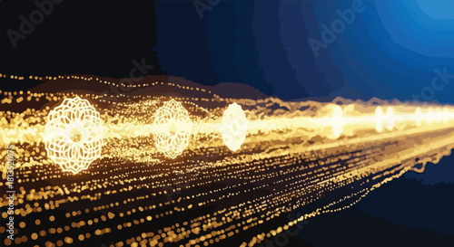 Golden light streaks and particles flow through darkness