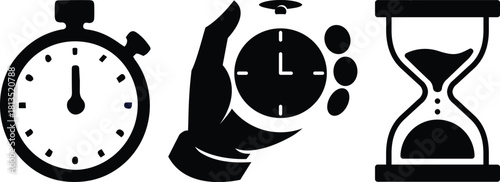Collection of black icons representing time management, scheduling, and appointments with calendar, clock, hourglass, stopwatch, and bell symbols for business and planning concepts.