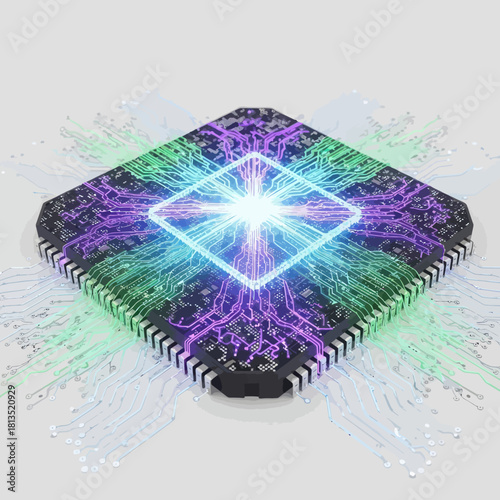 Microchip with glowing connections abstract technology illustration for artificial intelligence data processing and computer science concepts