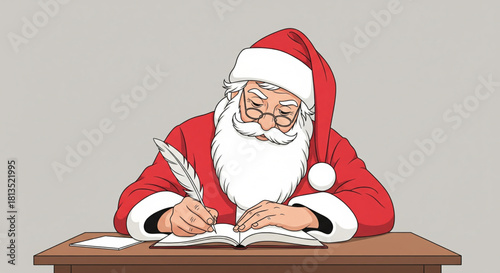 Santa Claus writing with a quill in a letter to the North Pole, a festive Christmas illustration for holiday greetings