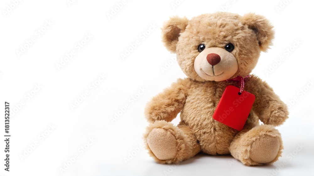 Fototapeta premium Teddy Bear Holding A Red Tag On Clean White Background