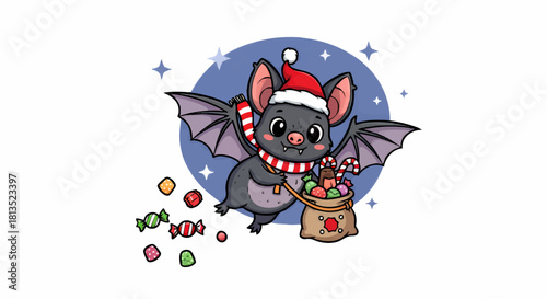 Cartoon bat wearing a Santa hat and scarf, carrying a sack overflowing with colorful candies and sweets.