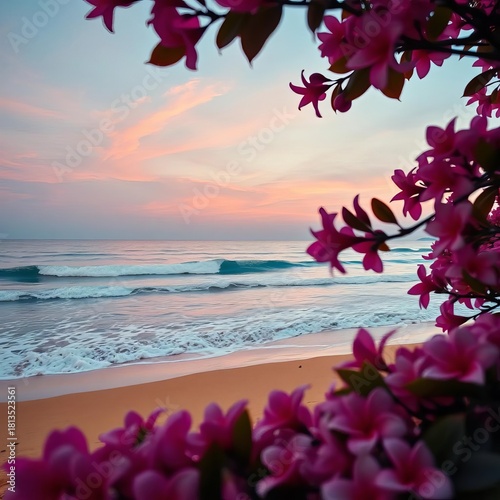 Fototapeta Naklejka Na Ścianę i Meble -  Soft pastel twilight over desaturated sea wave and golden beach, framed by pink plumeria foliage, beach,  sand