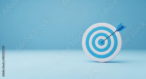 Target board with an arrow precisely hitting the bullseye on a light blue background.