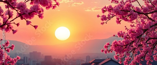 Vibrant sunset over a stylized cityscape, cherry blossoms falling,  abstract,  background image