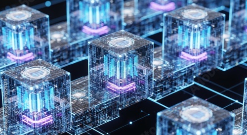 Abstract Digital Network of Glowing Cubes with Blue and Purple Lights.
