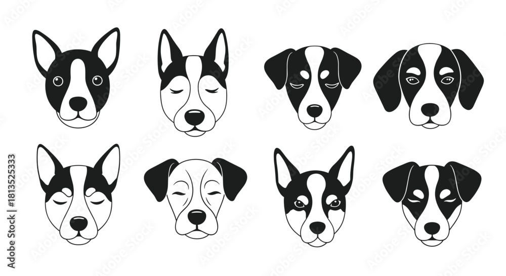 Fototapeta premium Vector illustration of eight charming black and white dog faces, some with eyes open and some closed, against a clean white background.