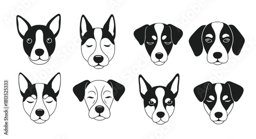 Vector illustration of eight charming black and white dog faces, some with eyes open and some closed, against a clean white background.