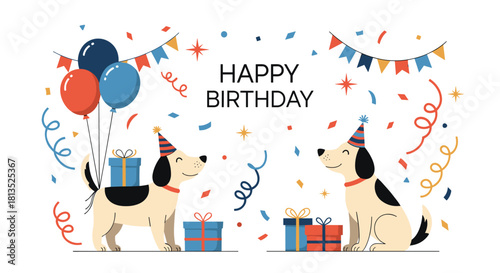 A joyful illustration featuring two adorable dogs in party hats, surrounded by colorful balloons, gifts, and confetti, celebrating a happy birthday.