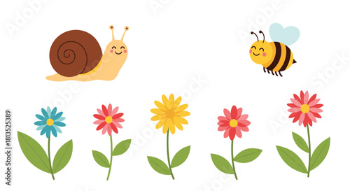A cute cartoon snail and a happy bee fly above an assortment of colorful spring flowers, perfect for children's designs.