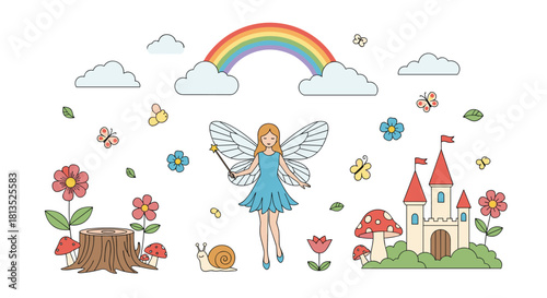 A delightful and magical fairy tale scene featuring a beautiful fairy, a vibrant rainbow, an enchanted castle, and whimsical nature.