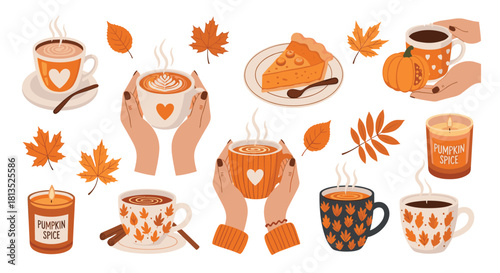 A heartwarming collection of cozy autumn elements, featuring hot beverages, pumpkin spice items, colorful leaves, and a slice of pumpkin pie.