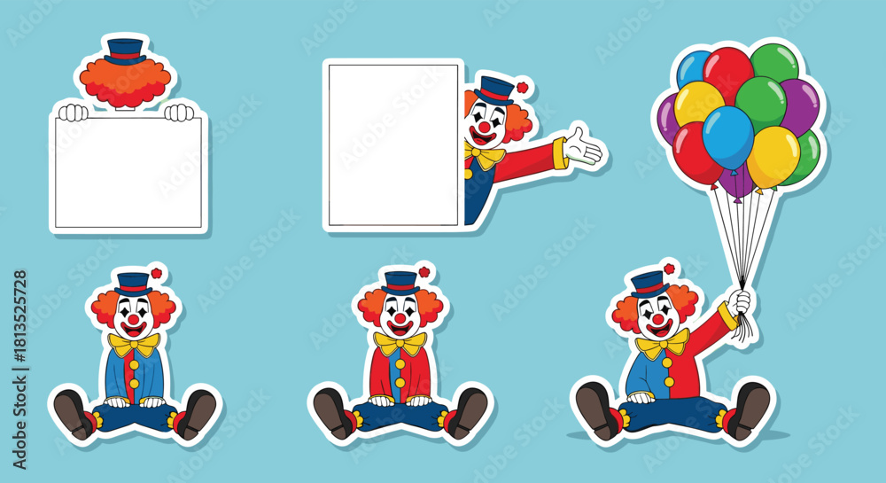 Fototapeta premium Collection of cute cartoon clowns in various poses, some holding blank signs and colorful balloons, isolated on a light blue background.