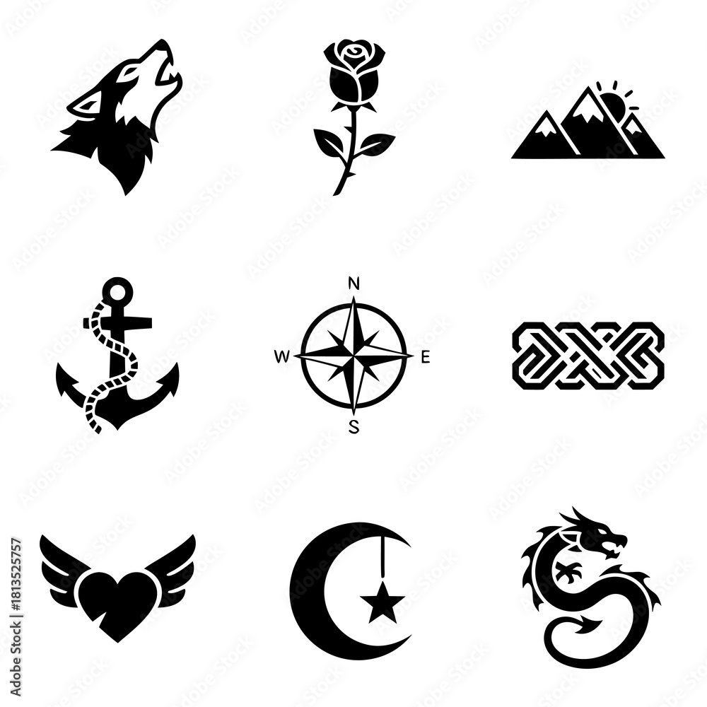 Fototapeta premium Collection of black and white vector icons of various symbols and shapes