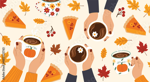 Cozy autumn flat lay with hands holding steaming mugs of warm drinks, pumpkin pie slices, and colorful fall leaves.