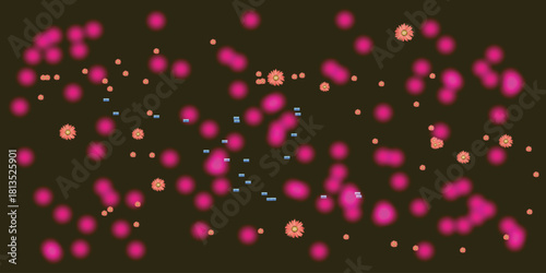 glowing pink and orange microscopic particles with blue square elements on dark background, abstract scientific visualization of cells, viruses, or molecular structures in digital art style