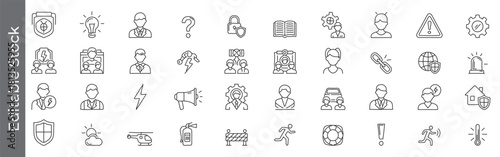 Crisis management, risk assessment signs and emergency Response line icon set – editable outline symbols of shield, Security, alert, warning, siren, lock, rescue and safety