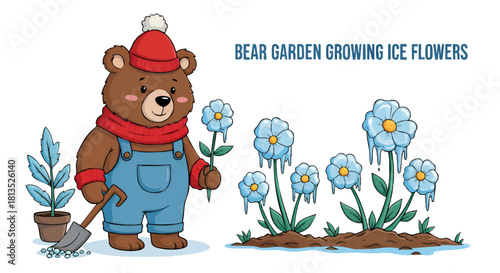 A cartoon bear wearing overalls, a hat, and a scarf stands in a garden with ice flowers, holding one and a shovel.