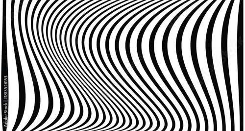 Black wavy striped lines pattern. Curved optical distortion texture with flowing abstract stripes. Minimal black and white warped line vector illustration.