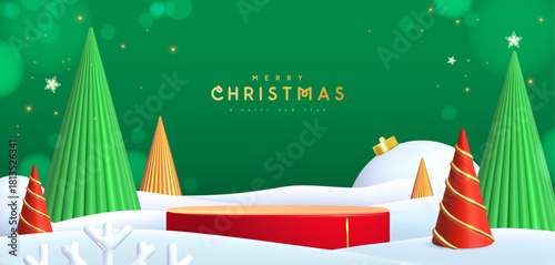 Holiday Christmas showcase green background with snow, 3d podium and Christmas trees. Abstract minimal scene. Vector illustration
