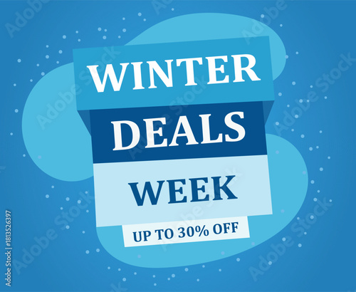 Winter sale promotional banner. Blue seasonal discount layout with bold text and abstract shapes. Modern winter deals week. vector illustration.