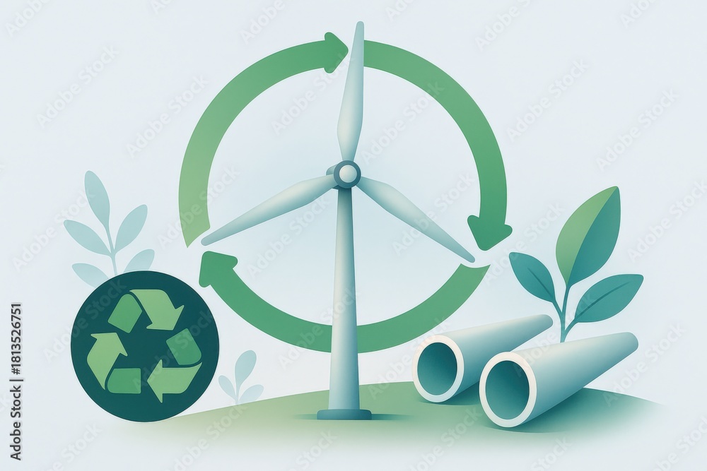 Obraz premium Renewable energy dynamics featuring a wind turbine, recycling symbol, green plant, and industrial pipes illustrating sustainable technology innovations in energy management