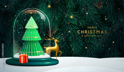 Holiday Christmas background with 3d glass ball, golden deer and emerald green Christmas tree texture. Vector illustration