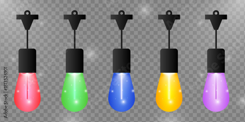 Colorful hanging strings light bulbs with soft glow and sparkling gradient effect, red, green, blue, yellow, purple lights