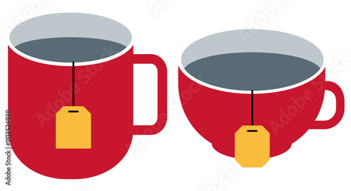 Tall and low red tea cup with yellow tea bag. A cup of coffee or tea, a hot drink for breakfast. Flat vector illustration isolated on white background.