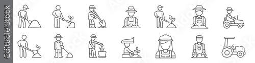 Farmer and agriculture line icon set – editable outline symbols of planting, shovel, tractor, harvest and gardening