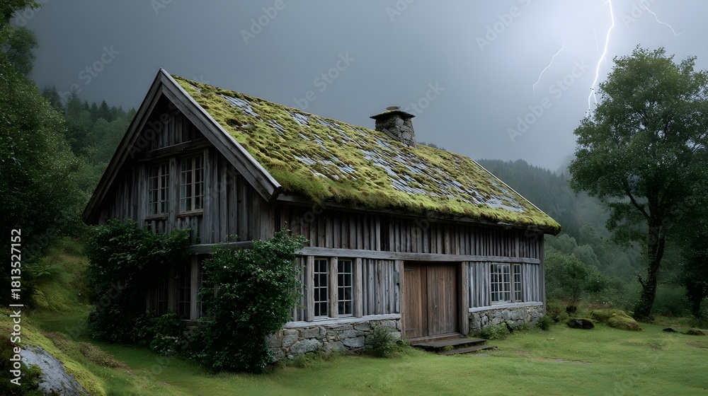 Obraz premium Rustic wooden cabin with a mossy roof under a dramatic stormy sky with lightning