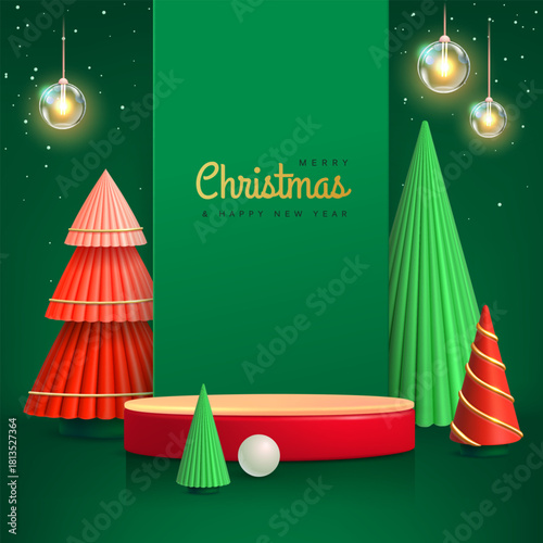 Holiday Christmas showcase green background with 3d podium and Christmas trees. Abstract minimal scene. Vector illustration