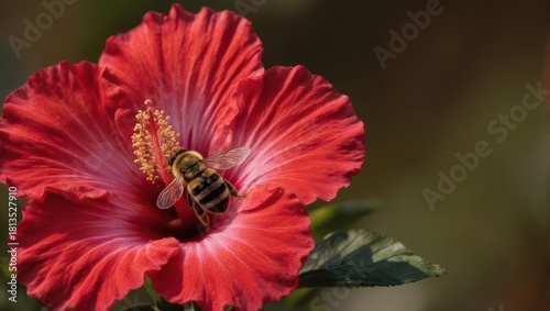 Fototapeta Naklejka Na Ścianę i Meble -  A Bee Pollinating a Vibrant Red Hibiscus Flower in Natural Sunlight.