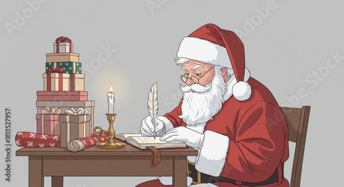 Classic illustration of Santa Claus sitting at a desk writing his list with a quill pen by candlelight, with a stack of presents