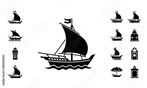 Traditional Dhow Boat Silhouette Vector Illustration.