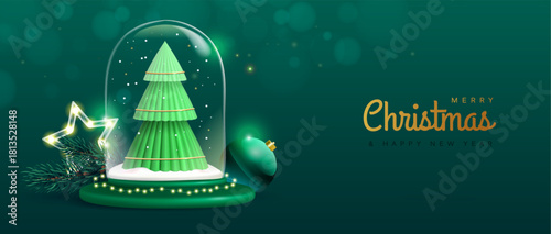 Merry Christmas and Happy New Year banner with 3d glass ball, Christmas tree, bauble and branch on emerald green background. Vector illustration