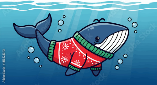 A cartoon whale swims underwater, wearing a festive red sweater with white snowflake designs. Sunlight streams through the water above.