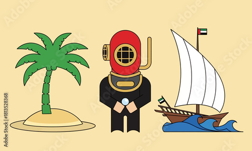 UAE Heritage Icons Diving Dhow and Palm Tree.