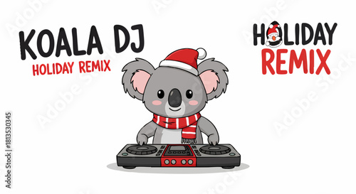 Cartoon koala wearing a Santa hat and scarf plays music on a DJ mixer, promoting a holiday remix.