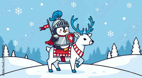 Cartoon penguin dressed as a knight riding a white reindeer through a snowy winter landscape with trees and snowflakes.