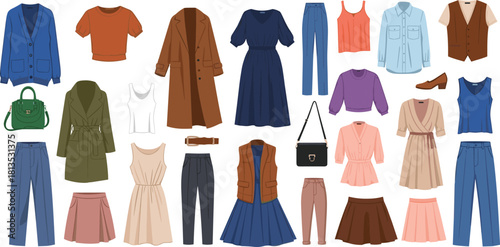 Fashion item collection, wardrobe variety, stylish outfits, clothing grid, accessories set, modern apparel, trendy wear, flat vector illustration