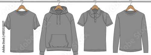 Gray tops, casual clothing, t-shirt, hoodie, polo shirt, long sleeve, hanging garments, fashion rack, wardrobe, apparel, flat vector illustration