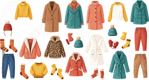 Winter clothing, coats, jackets, sweaters, pants, hats, socks, mittens, scarves, seasonal fashion, warm outfit, flat vector illustration