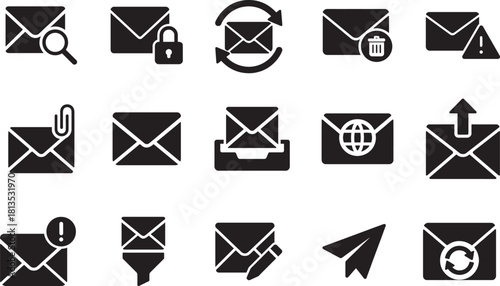   Solid email and digital communication icon set designed in bold vector EPS for modern messaging interfaces.