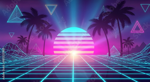 Retro 80s neon grid sunset with palm trees, abstract landscape