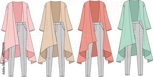 Asymmetrical cardigan outfit, fashion illustration, color variations, layered look, fitted pants, stylish design, modern apparel, flat vector illustration