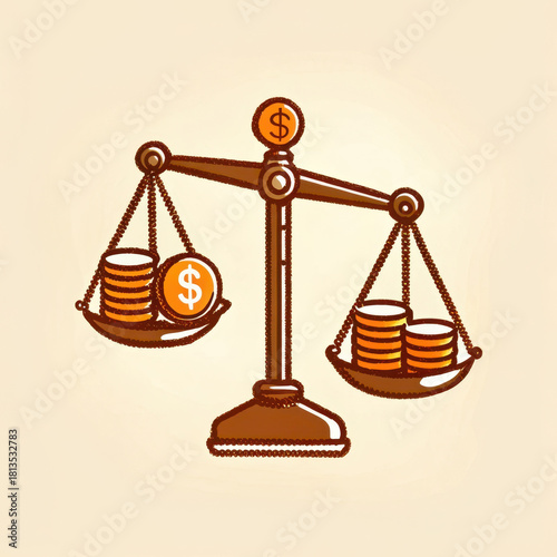 Balanced scale displays coins symbolizing currency and security, representing financial stability and fairness