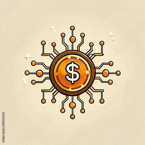 Digital currency symbol represents investment opportunities in stock market with modern design and vibrant colors